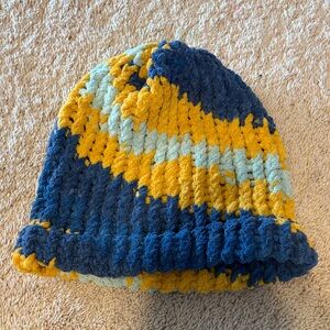 Multicolor Blue and Yellow Handmade Knit Beanie